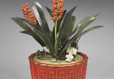 图片[3]-Artificial rohdea plant in a carved lacquer pot, Qing dynasty (1644-1911).-China Archive